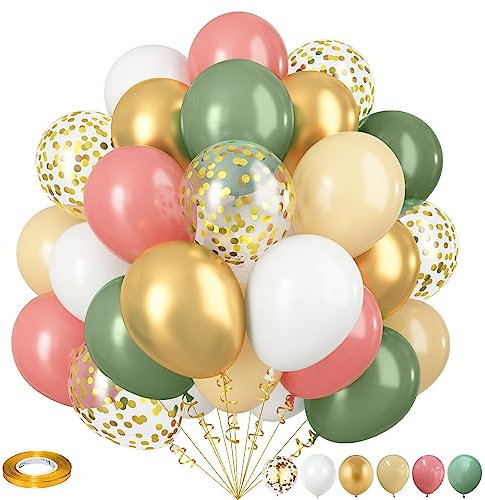 Sage Green and Dusty Pink Balloons, Retro Pink and Green White Gold Confetti Baby in Bloom Balloons for Girls Women Fairy Floral Wildflower Birthday Woodland Baby Shower Garden Tea Party Decorations