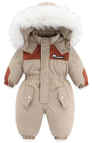 Baby Winter Snowsuit Boy Girl Hooded Romper Kids Fleece Coat Clothes Toddler Zipper Jumpsuit Windproof Outwear Ski Suit Brown 12-18 Months