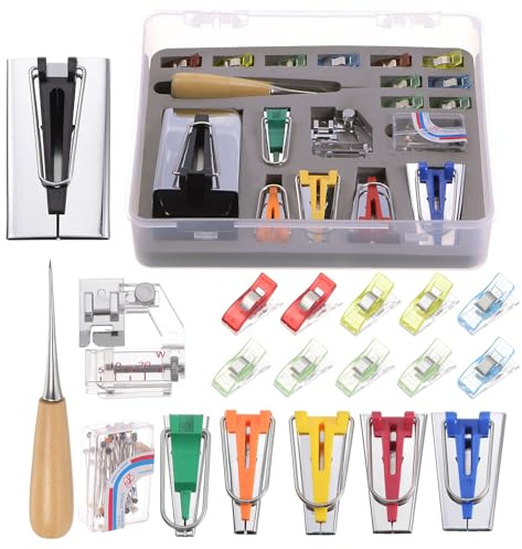 uxcell Bias Tape Maker Kit 6mm 9mm 12mm 18mm 25mm 50mm Single Double Fold Fabric Bias Binding Maker Tool with Positioning Pin, Awl, Presser Foot, Clips for Quilting Sewing Crafting DIY