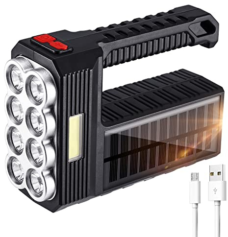 ALLOMN 8 LED Solar Handheld Torch, Super Bright Handheld Flashlight Rechargeable LED Searchlight Spotlight, Powerful Camping Light Dual Light Sources for Outdoor Camping Hunting Hiking Work