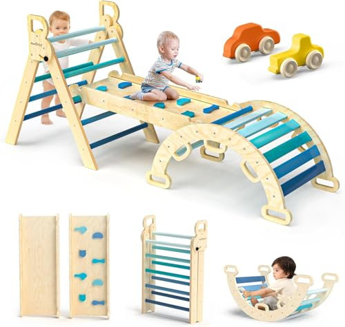 BlueWood Set da Arrampicata per Bambini 3 in 1, Set di Triangoli per Arrampicata Pieghevoli di Arrampicata Pieghevole con Scivolo ad Arco, Palestre Montessoriano e Arrampicata Indoor per Bambini