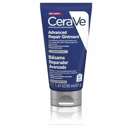 CeraVe Bálsamo Reparador Avanzado, Para Piel Agrietada, Irritada y Seca, Para Rostro, Labios y Cuerpo, Protege, Hidrata y Alivia, Con Vaselina, Ácido Hialurónico y Ceramidas, 50ml