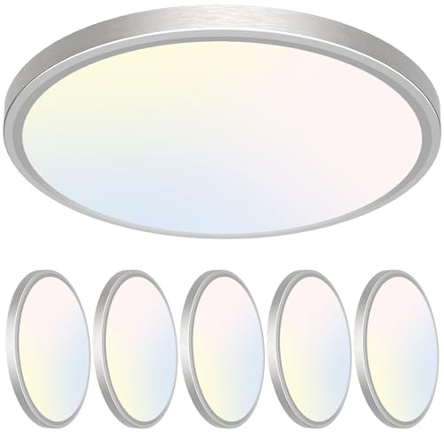 Libtit 7 Inch Nickel Brushed Flush Mount Ceiling Light, 15W, 6 Pack, 3000K/4000K/6500K Color Selectable, Ultra-Thin Round Ceiling Lighting Fixture for Bedroom, Kitchen, Pantry