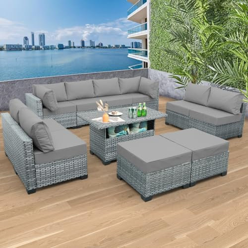 11-teiliges Gartenmöbelset aus PE-Geflecht, graues Rattansofa für die Terrasse mit Aufbewahrungstisch und waschbaren grauen Kissen