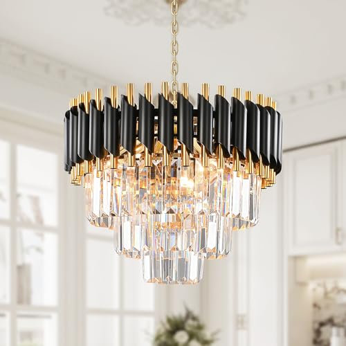 AHXIAOZN Lampadario Moderno di Cristallo, 15.7 '' Nero e Oro di Cristallo Lampada a Sospensione, 3-Tier Lampadario, Lampadari Rotondi Per Sala Da Pranzo, Soggiorno, E14 x 5 Luci