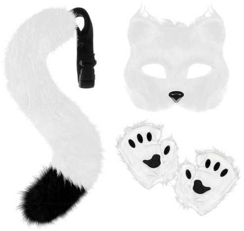 XEPST Conjunto de Disfraces de Zorro Lobo Animal, Fox Faux Fur Cola y Patas de Zorro con Máscara de Zorro para Disfraz de Animal Cosplay Cumpleaños Fiesta de Disfraces de Halloween, Blanco