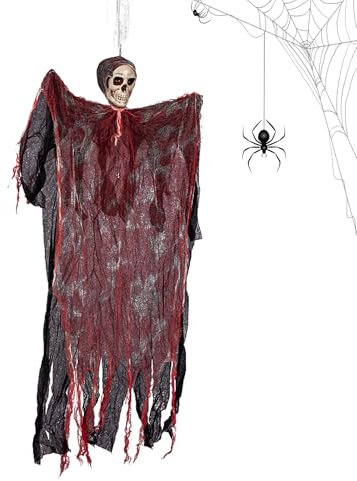 Halloween Deko Gruselig Skelett Hängedekoration mit Spinnweben und 20 Spinnen, Halloween Horror Geist Deko für Innen Outdoor Garden Spukhaus Party (Skeleton)