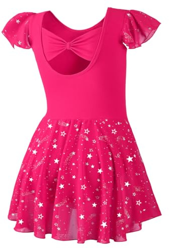 DIPUG Ballet Leotards for Girls Toddler Dance Leotard Shiny Skirts Ruffle Sleeve and Bow Back Short Sleeve Rose Size Kids 4t 5t 6 S