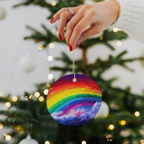 Weihnachtsschmuck 2024 Weihnachtsbaum Rund Keramik Anhänger Regenbogen Lustige Weihnachtsanhänger Hängende Weihnachtsbaum Dekoration für Zuhause Neujahr Party Supplies Geschenke