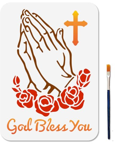 MAYJOYDIY A4 Betende Hände Schablone Rosenkreuz Schablone Mit Pinsel 29.7 × 21cm Text „Gott Segne Dich“ Wiederverwendbare Vorlage Zum Bemalen von Holzfenstern DIY Projekte