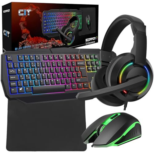Scorpion 4-in-1 Gaming Set, Keyboard with RGB LED, 2400 DPI Mouse, Mouse Mat, LED Gaming Headset, UK Layout, Fully Wired