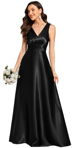 Ever-Pretty Abito Cerimonia Donna Eleganti Lungo Raso Senza Maniche Abito Damigella d'Onore Vestito Elegante Scollo a V Nero 46