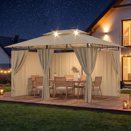 Devoko Garden Pavillon 3x4 Wasserdicht Stabil Winterfest Deluxe Gazebo, UV-Schutz 50+ Doppellagiges Grilpavillons mit seitenwänden für 8-14 Personen, Partyzelt für Freizeit, Partys,Beige mit LED