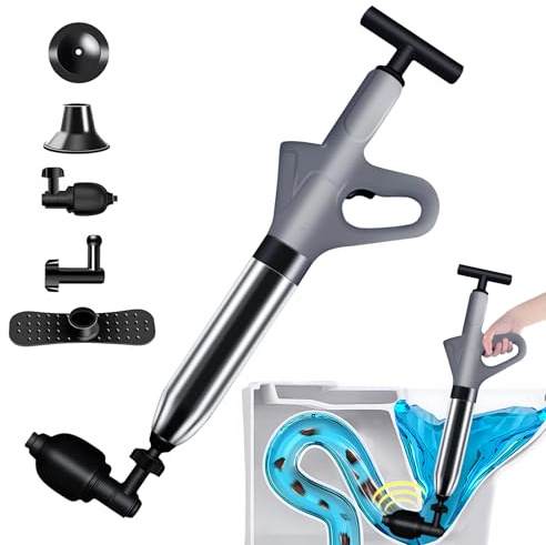 Déboucheur WC à Air Comprimé,Déboucheur à Pompe avec Baromètre,Déboucheur de Toilette Haute Pression avec 4 Têtes Remplaçables,Déboucheurs Ventouses pour Lavabo,Baignoire,Tuyau d'égout (Gris)