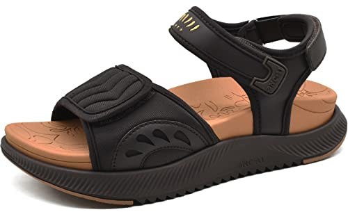ONCAI Wander Sandalen Damen, Arch Support mit Orthopädische Outdoor Fußbett für Plantar Fasciitis,Plateau Sport Damen Sandalen mit 3 Verstellbare Klettverschluss Braun/Khaki Größe 40