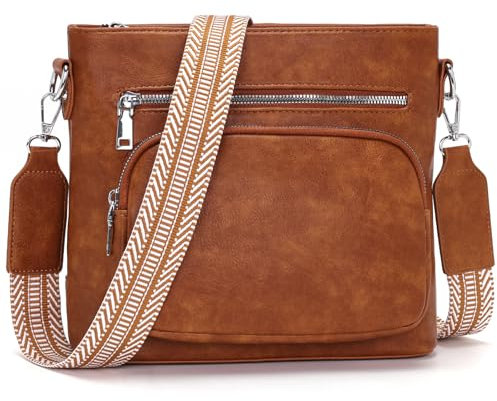 Snmoec handtasche damen mittelgroß umhängetasche damen handy crossbody bag leder PU damentaschen mit breitem gurt handtaschen，Retro-Braun