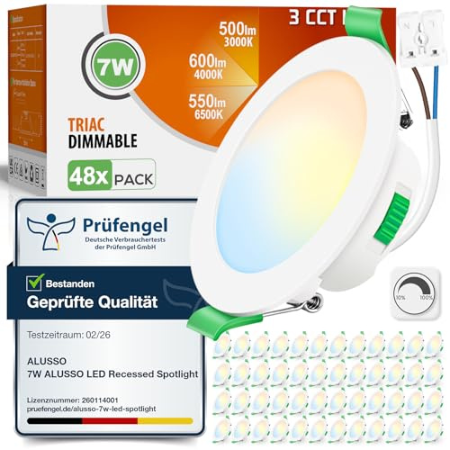 ALUSSO 3CCT LED Einbaustrahler 230V Dimmbar 7W IP44, Loch 67-75MM, 48er Set | Spots Deckenleuchte 3000K 4000K 6500K Wählbar, Deckenspots Einbauleuchten Einbauspots LED für Badezimmer Küche, Rund Weiss