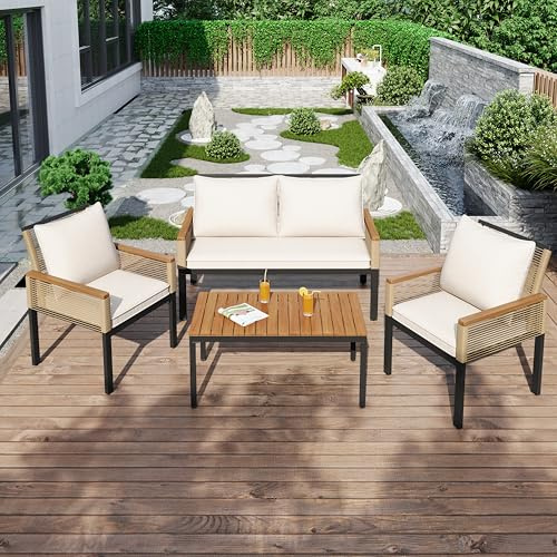 Oxtao Gartenmöbel Sitzgruppe Set aus Rattan für Garten für 4 Personen, Outdoor Gartenmöbel-Set Essgruppe Lounge Sofa mit Tisch & Stühle, Balkon Möbel mit Sessel & Couchtisch, Gartenlounge (Beige)