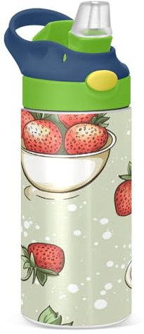 JUMBEAR Bouteille d'eau isotherme avec couvercle à paille, en acier inoxydable pour garçons et filles - Motif fraises dans le bol - 350 ml