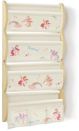 wooshwa Bücherregal Kinder Wand Kinderbücherregal Montessori (Einhorn) | 4 Ablagen & 3 Taschen Kinderregal Wandregal Kinderzimmer Regal Wellenförmig Massivholz
