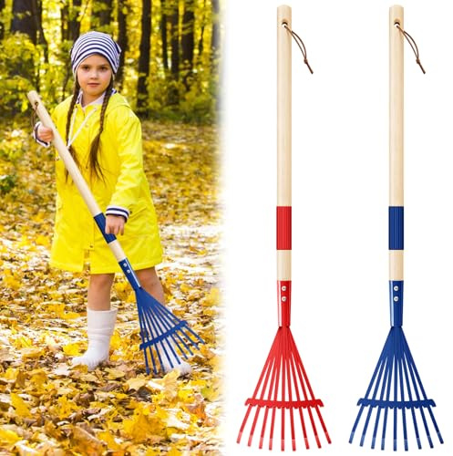 Suclain 2 rastrelli in metallo per bambini con manico in legno duro mini piccolo bambino dimensioni multicolore leggero rastrello per giardinaggio prato strumenti da cortile regali