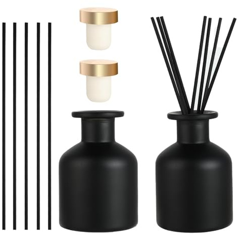2 Flaconi per Diffusore - Flaconi in Vetro per Diffusore - Con 12 Bastoncini e Tappo - Per Profumazione d’Ambiente e Aromaterapia - Ideali per Casa, Ufficio, Ricambio Fai-da-te (Nero)