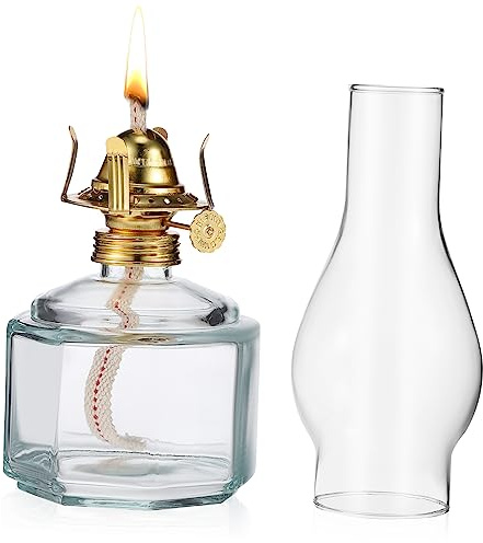 Yardenfun Lámpara de Queroseno Vintage con Base Cuadrada de Vidrio Transparente y Quemador Dorado Decoración Práctica para Interiores Regalo Original y Duradero