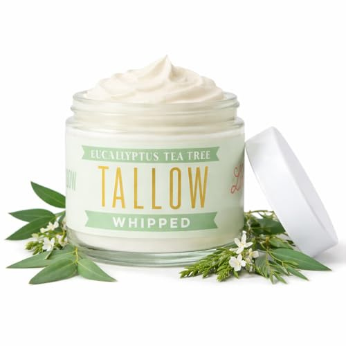 Lady May Tallow Whipped Tallow 9oz - All Natural Face Cream + Whole Body Moisturizer for Dry Skin - Made With Eucalyptus Oil - No Preservatives, Parabens or Seed Oils - USA Made (Eucalyptus Tea Tree)