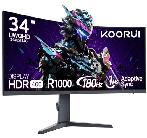 KOORUI 34 Inch Curved Gaming Monitor, WQHD 180Hz, 1MS, HDR400, 1000R Curvature, Height Adjustable,Adaptive Sync, DP HDMI 34E6UC