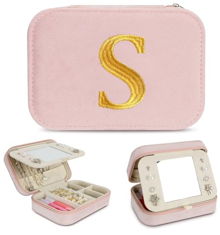 Joyero de Viaje con Inicial S, Joyero Pequeño con Letra, Portátil Jewelry Organizer de Terciopelo, Caja de Joyería para Mujer, Personalizado Regalo para Niña, Mamá, Cumpleaños, Aniversario, Boda