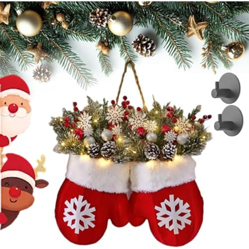 Funkelnder Christstulpen-Kranz mit 120 LED-Lichtern & 10h Auto-Timer,Beflockter Weihnachtskranz Haustür mit künstlichen Tannenzweigen, Roten Beeren Mattierten Tannenzapfen (1PCS)