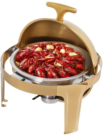 Stainless Steel Chafing Dish Buffet Warmer, 9L Round Gold Food Warmer with Lid, Buffet Server for Catering, Hotel, Party, Outdoor Picnic, 201 Stainless Steel