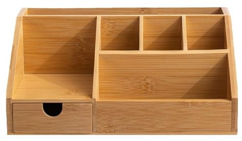 Skrivbordsorganisatör i trä, bambu skrivbordsorganisatör, platsbesparande trä med låda, förvaringsbox, pennlåda, bricka för kontor, hemmakontor, 24,4 x 15 x 10,9 cm, bambu
