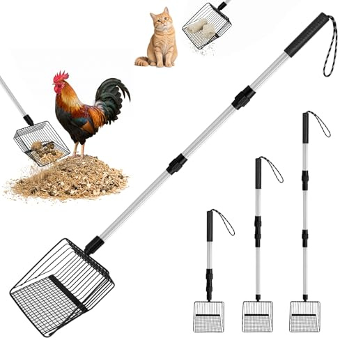 Ehanfus 3 in 1 Paletta per Letame di Pollo, 56/80/108cm Pollo Poop Scooper Paletta Regolabile, Palettas Lettiera Gatto, Accessori per Pollaio per Separazione Feci e Detriti dalla Sabbia (Nero)