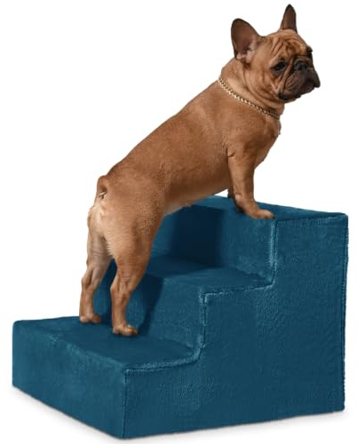 VELORA H&L Scala per Cani 3 Gradini Blu scuro - Struttura in Legno Robusta, Rivestimento in Velluto, Scaletta Antiscivolo per Cani e Gatti, Accesso a Divano e Letto, Portata fino a 80 kg