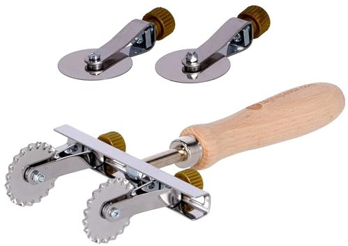 Tagliapasta Rotella Taglia Pasta Sfoglia Fresca | 2 Lame Lisce Regolabili + KIT Risparmio 2 Lame Dentate | Diametro 36mm in acciaio INOX e Impugnatura in Legno