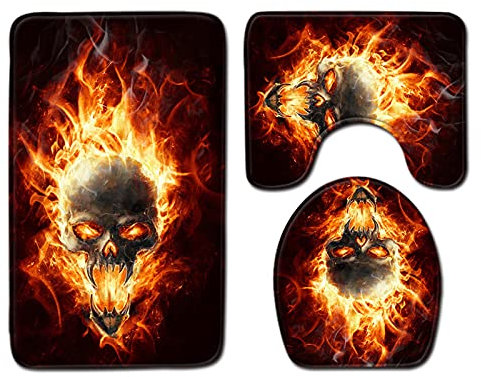 kewing Juego de Alfombrillas y alfombras de baño con Estampado de Calaveras de 3 Piezas, Alfombrilla de baño en Forma de U, alfombras de baño Antideslizantes, Funda de Asiento de Inodoro