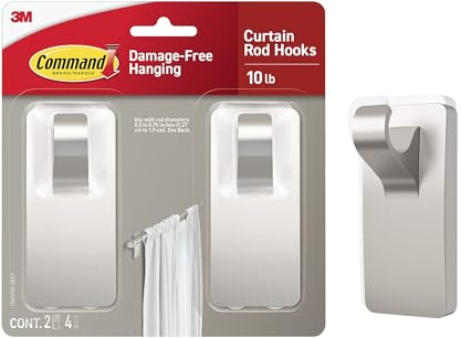 Command Curtain Rod Hooks [Removable]: 2 Hooks (Satin Nickel) / 2-Hooks
