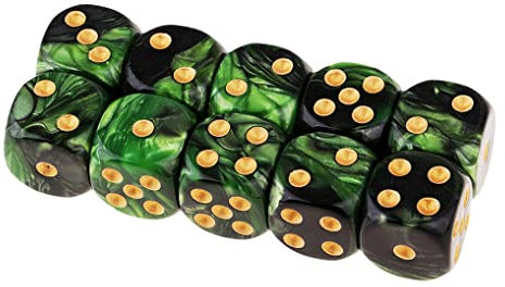 Yourandoll 10 STÜCKE Polyedrische Würfel D6 Würfel 16mm Acryl Dice Spielwürfel for DND RPG Brettspiel Kartenspiel (Schwarz Grün)