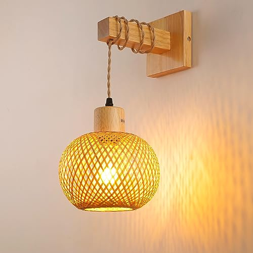Wandleuchte Innen Boho Vintage Bambuslaterne Lampe,E27 Nylon-Seil Bambus Und Massiv Holz Wandlampe Innen Kreativ Handgewebt Boho Lampe FüR Wohnzimmer Schlafzimmer Esszimmer
