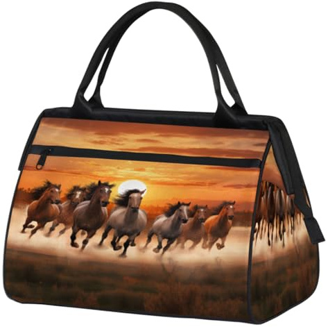 Sunset Running Brown Horses Gym Bag for Women Men, Travel Sports Duffel Bag with Trolley Sleeve, Waterproof Sports Gym Bag Weekender Overnight Bag Carry On Tote Bag for Gym Sport Travel