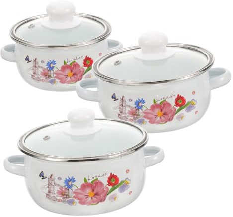 Ciieeo Vintage Enamel Cooking Pot Lid, Double Handle Mini Soup Pot, Wear-Resistant Portable Stew Stockpot for Home Kitchen Cooking Random Style