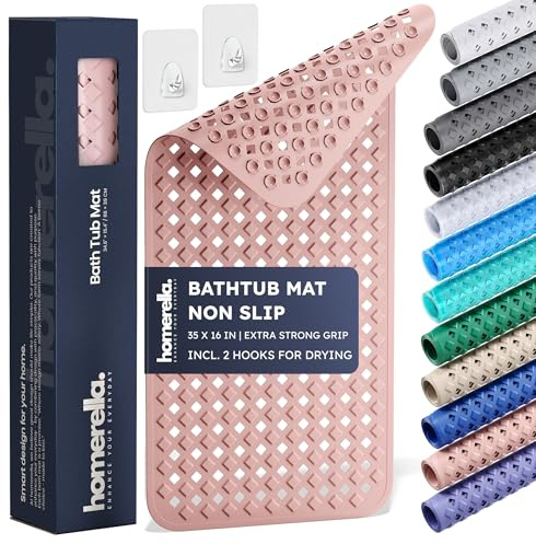 Bathtub Mat Non Slip 35x16 - homerella® Bath Mat Incl. Hooks for Drying, Extra Long, 100% BPA Free, Shower Mat Non Slip Anti Mold, Machine Washable, Shower Mats for Inside Shower Mildew Resistant