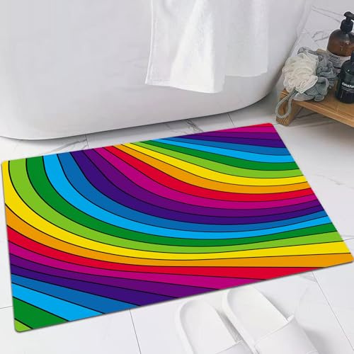 EMFSLA rutschfest Badezimmer Badeteppiche,Weich Hochflor Saugfähig Badvorleger Waschbar Flauschige Mikrofaser Badematte,Darstellung bunter Regenbogenstreifen.,60x90 cm