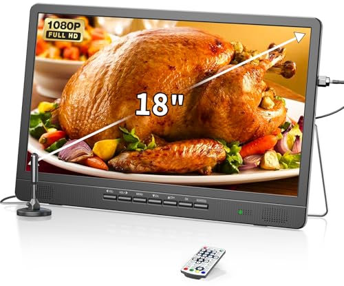 Desobry Portable TV, 18 Mini LCD TV con sintonizador DVB/T2, 12V Televisores, HD 1080P, para Camping al Aire Libre, Dormitorio, Cocina, soporta entradas USB/HDMI/AV