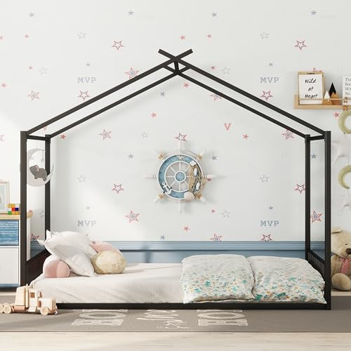 Merax Kinderbett 140 x 200 cm, Eisenrahmenbett, Hausformbett für Kinder, RobustesHausbett, ohne Matratze, passend für Einzelbett für Babys, Kinder und Jugendliche, Schwarz1