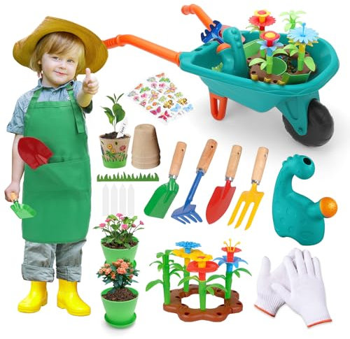 deAO Juego de Jardinería para Niño, Set Herramientas de Jardinería con Carretilla de Jardín, Delantal, Pulverizador, Guantes y Palas, Juguetes de Arena y Herramientas de Juego para el Jardín