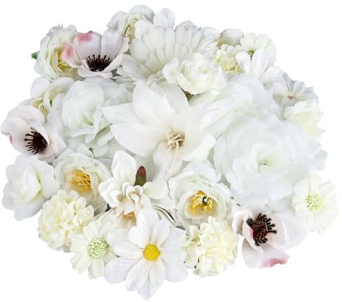 JIANGZHIB 30 Stück Kunstblumen Blumenköpfe, 12 Stile Künstliche Blumen, 4.5-13cm Kunstblumen Köpfe, Weiß Künstliche zum Basteln, Seidenblumen Köpfe für Hochzeiten, Party, Home Deko