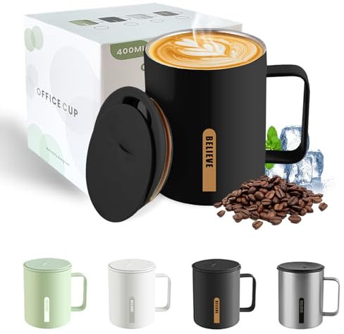 Hengrongshen Termosmugg kaffe 400 ml, dubbelväggigt vakuum rostfritt stål termosmugg kaffekopp, termosmugg kaffe att gå med handtag och skjutlock, termosmugg för kaffe och te (svart)