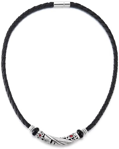 COOLSTEELANDBEYOND Negro Trenzado Cuero Collar con Pluma Colgante y Rojo Piedras, Tribal Vintage, Mujer Hombre